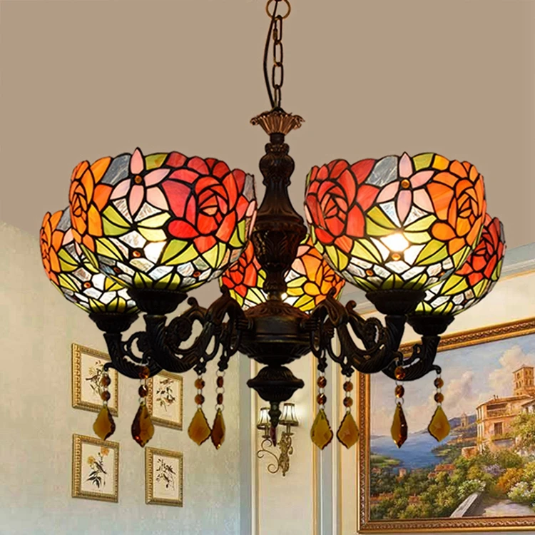 
Lamps Hanging Rose Bedroom Bar Foyer Glass Craft Five Heads Chandelier Pendant Tiffany Style Patern Night Light Lamp Tifany 