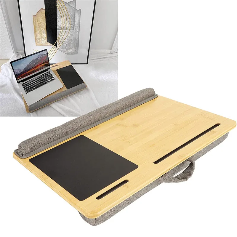 Home Office Portable Modern Handle Natural Bamboo Lap Computer Desk With Pillow Cushion