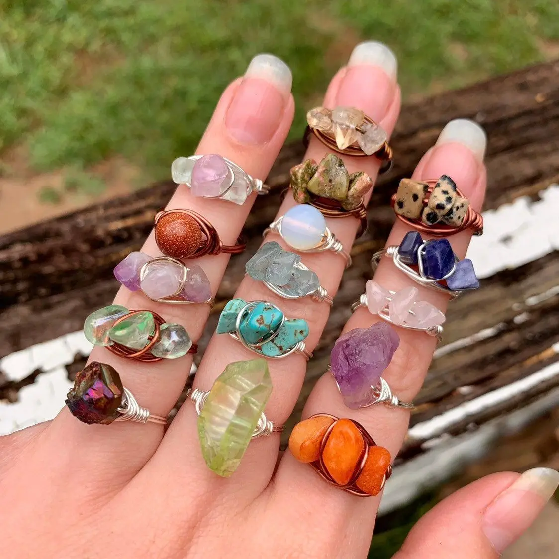 Wholesale Fashion Blue Evil Eye Gold Wire Wrap Raw Stone Natural Crystal Ring Set for Women Ladies