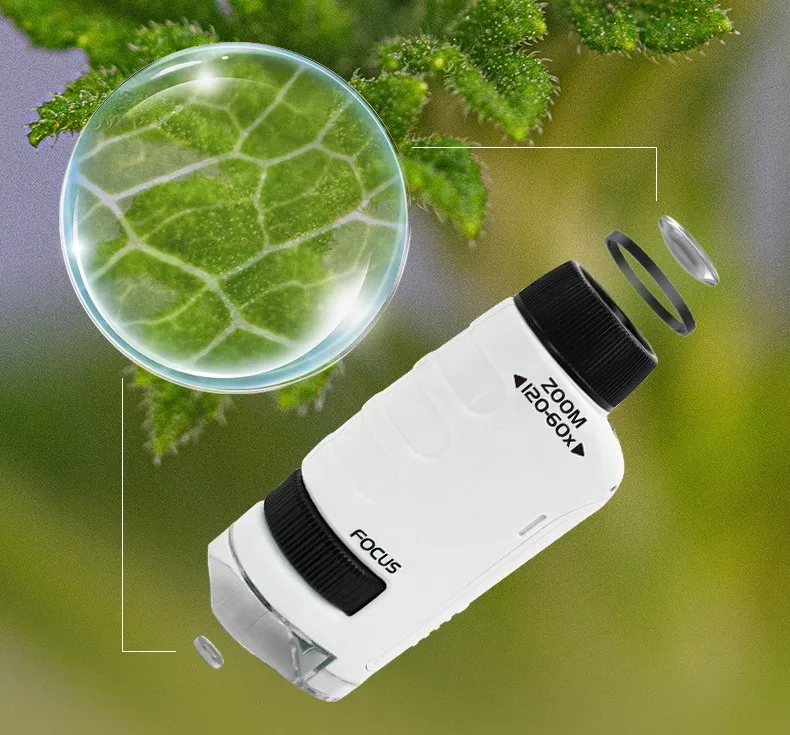 Microscope Science Kits Stem 3 in 1 Kids Early Education Toys Mini Pocket Handheld Microscope  60-12X Outdoor Discovery Learning