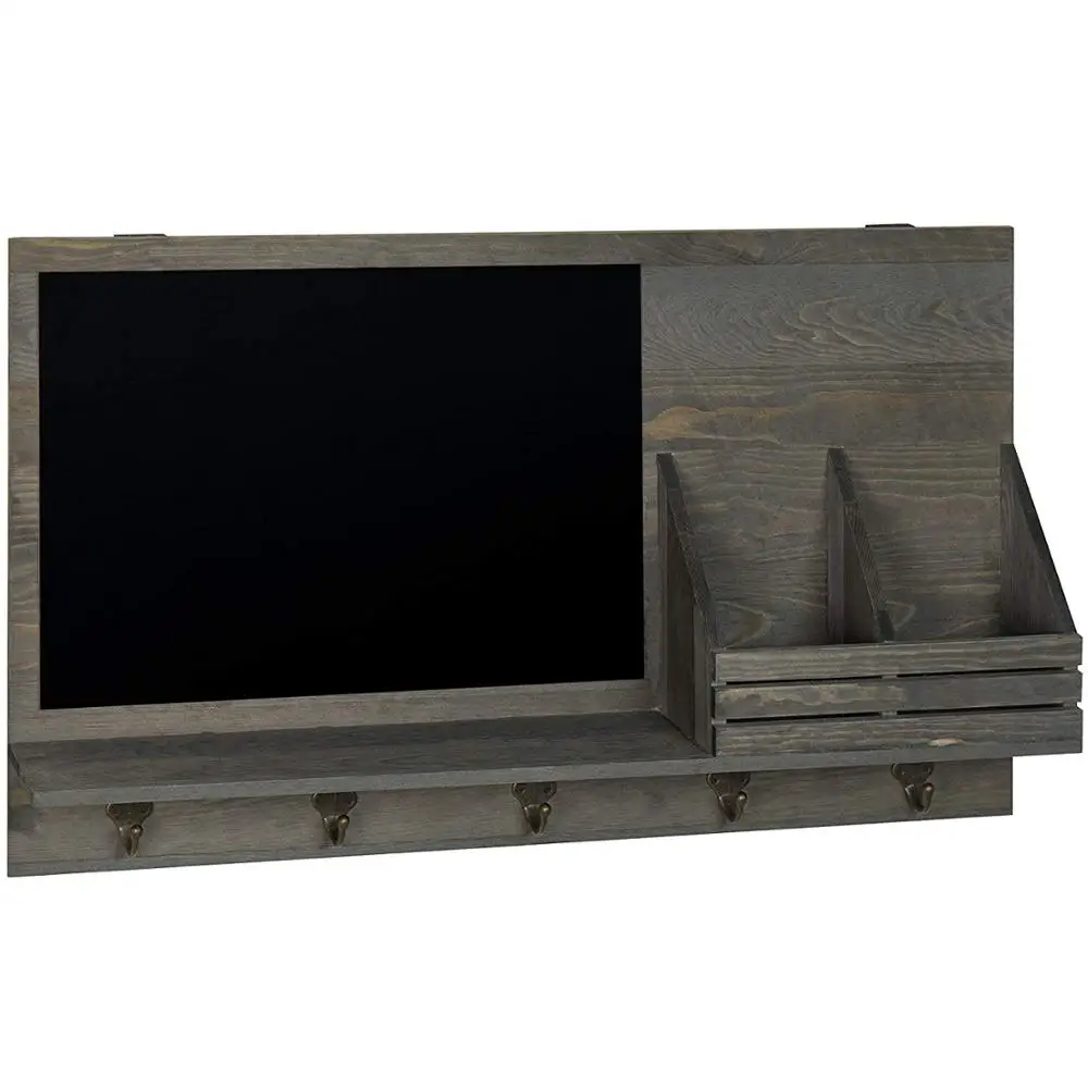 
Rustic Grey Wood Wall-Mounted Mail Sorter Rack with 5 Key Hooks Black Chalkboard 