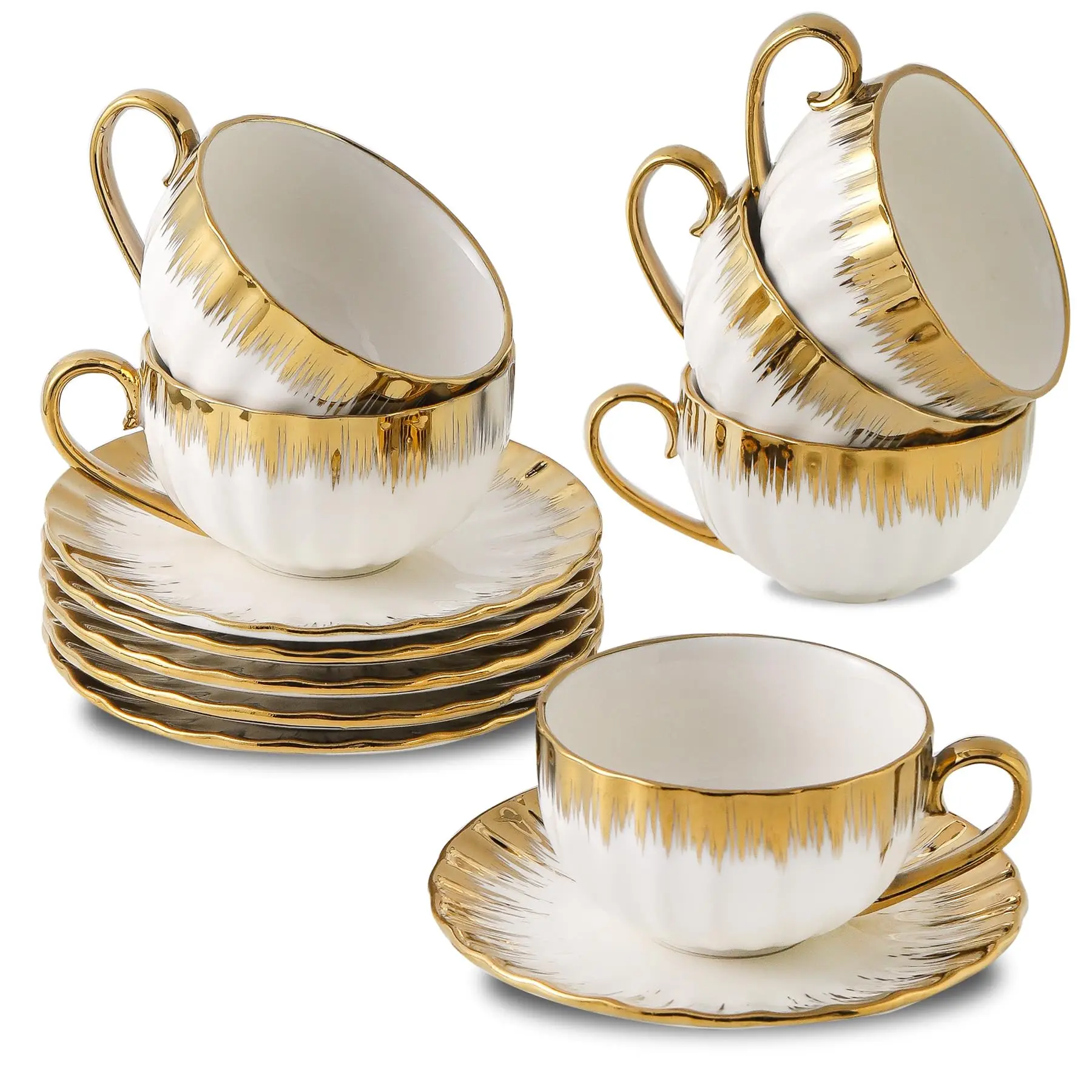 Custom Logo Tea Set Espresso cups Ceramic Coffee Cup and Saucer with Gold Rim for Latte Cafe Mocha
