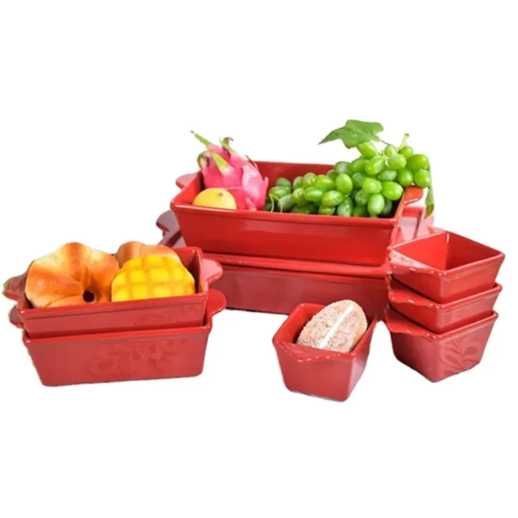 Red rectangular Nordic stone baking tableware set ceramic baking tray
