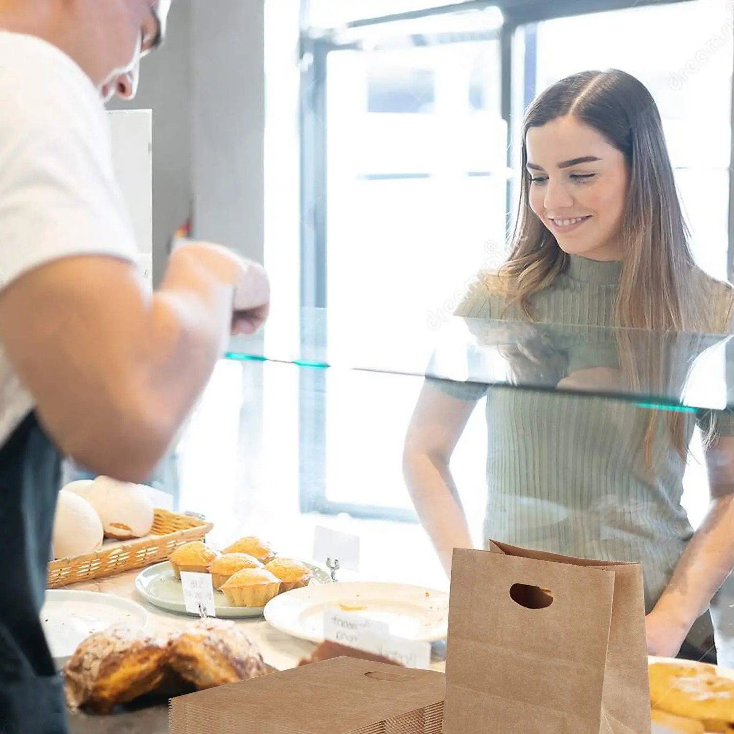 Wholesale Coffee Restaurant handleless portable Biodegradable Strong Brown recycled kraft paper bag for fast food take away