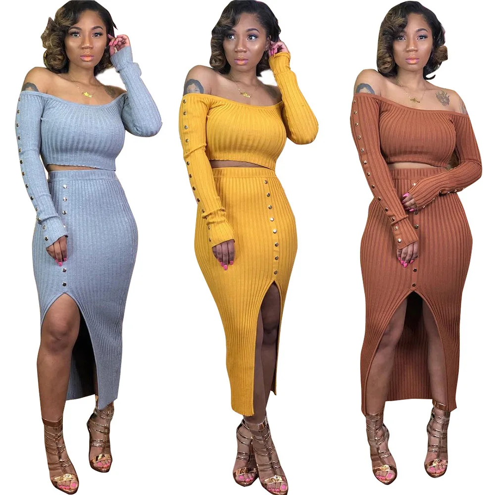 Casual Ladies Plus Size 2 Piece Sets knit Skirt Sexy Button Women Skirt And Top Knitted sweater short set