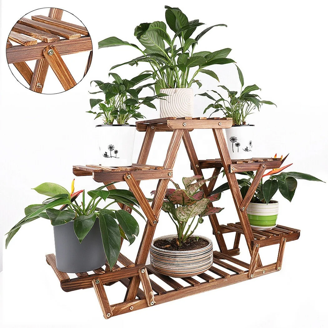 Wooden Plant Stand 6 Tier Bonsai Flower Display Shelf Carbonized Wood for Outdoor Plant Shelf