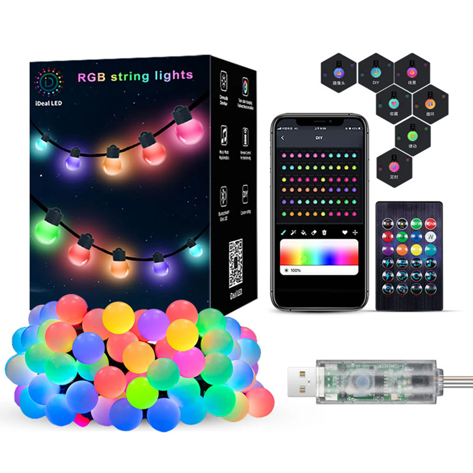 USB Fantasy Ball String Light APP Point Control Light Outdoor Waterproof Camping Decorative RGB Christmas String Light