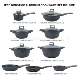 Домов антипригарная чугунная алюминиевая 9-дюймовая сковорода для соуса 4,5qt кастрюля 9 шт. набор посуды