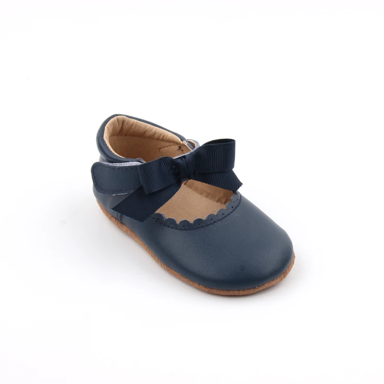 BEIBEINOYA Bowknot Hook And Loop Navy Blue Leather Sizes 2 To 5 Soft Sole First Walker Shoe Baby Dress Shoes For Girls
