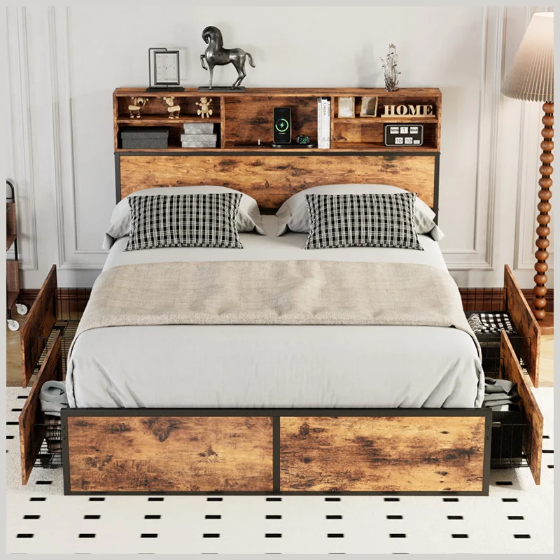 Kainice customized smart usb french iron metal wooden bed base full bed queen size kingsize bed frame for hotel