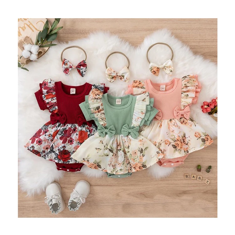 Wholesale Summer O Neck Ruffle Sleeve Baby Girls Romper Dress Set Soft Cute Toddler Baby Crawl Suit Dresses for Baby Shower Gift