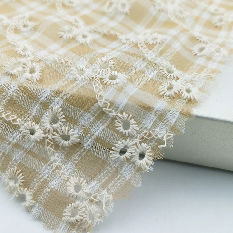 Kaiming polyester gingham eyelet flora embroidery multi color fabric