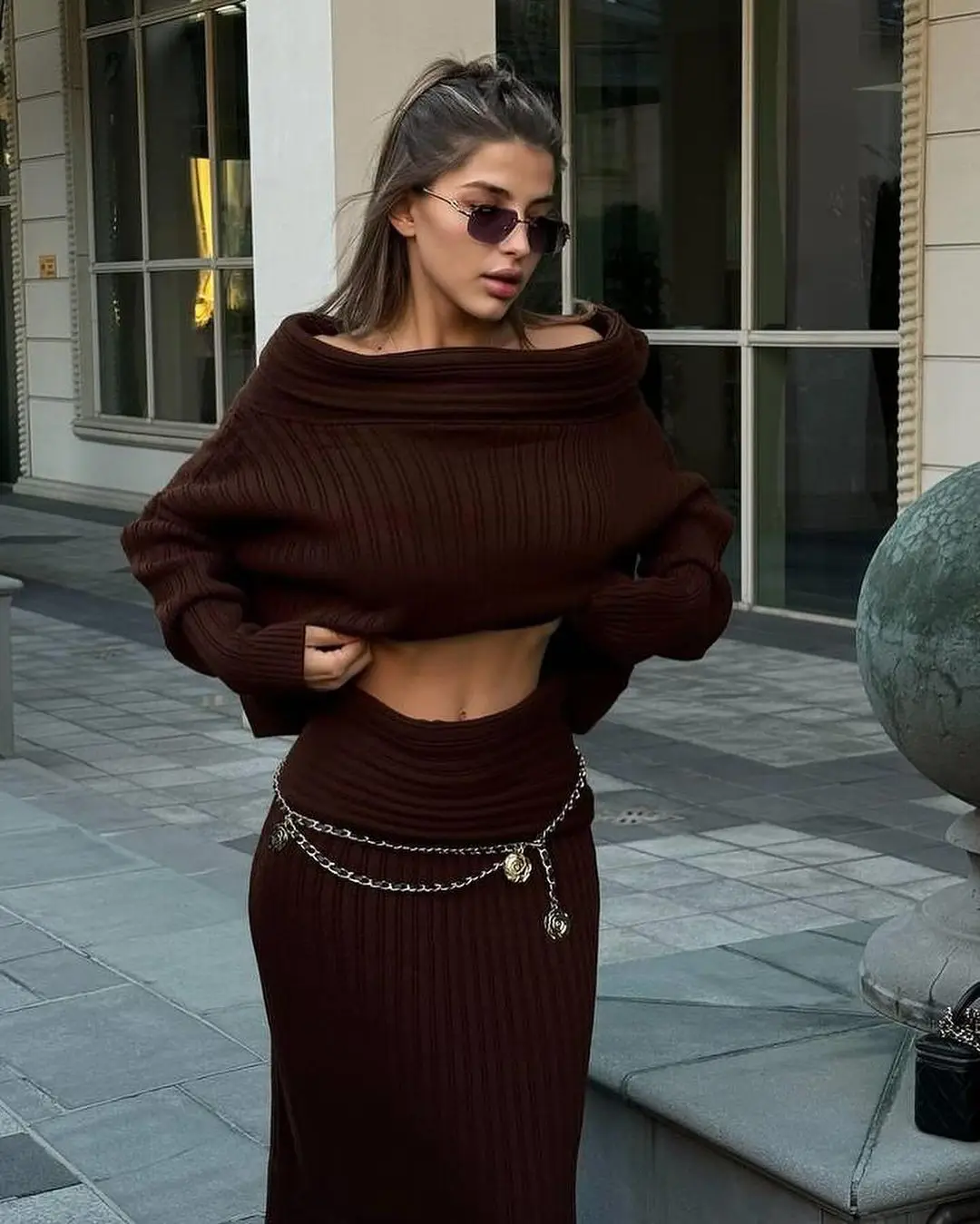 King Mcgreen star High quality Sexy Irregular Casual Sweater Set Off-the-shoulder Retro Simple long sleeve loose skirts sets