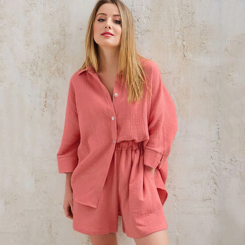 In Stock Wholesale Plain Color Breathable Lounge Wear Oversize Muslin Cotton Pajama short Set For Women