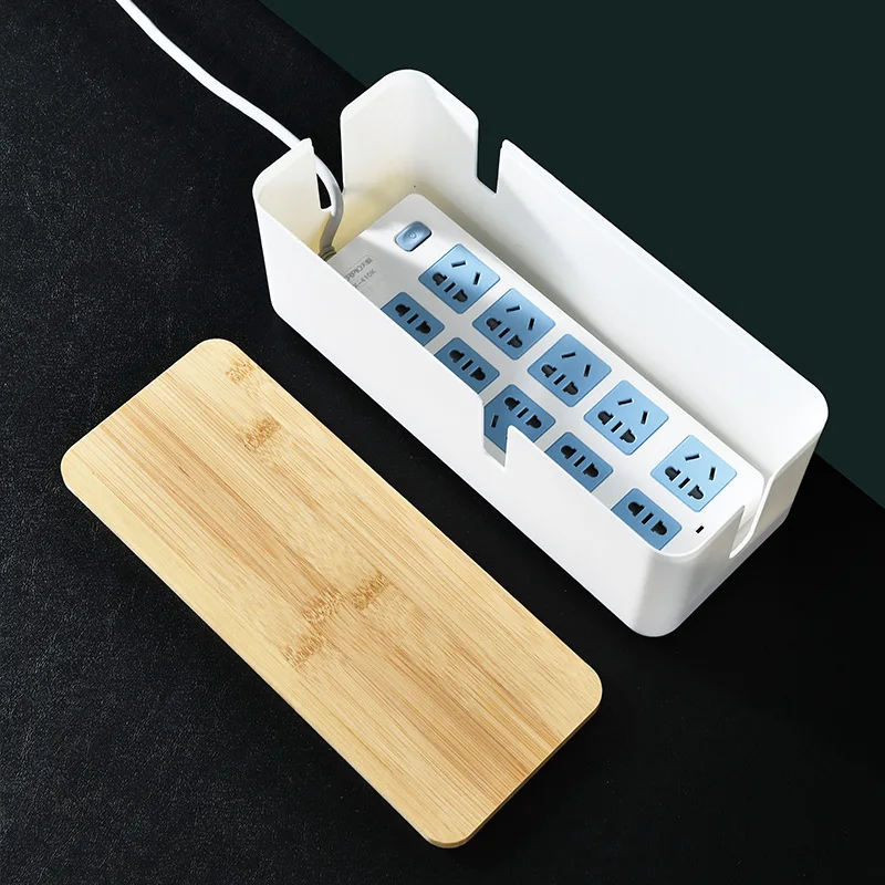 Factory Direct Bamboo Plastic Material Desktop Power Socket USB Charge Cable Wire Storage Box with Liner