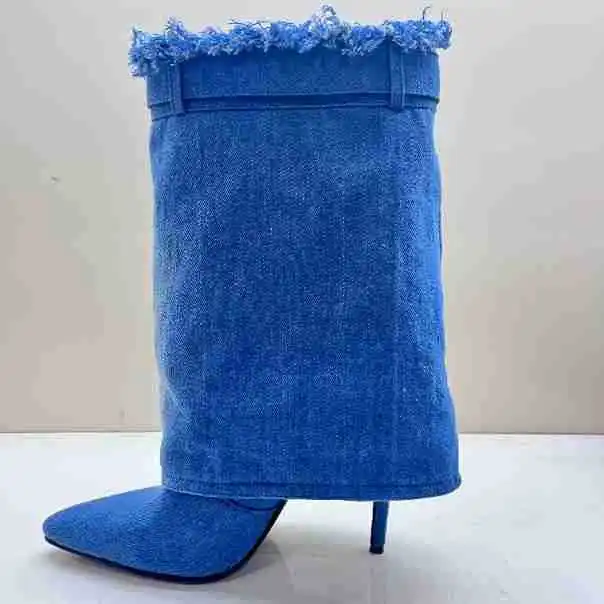 2023 sexy high heel short plus size 43 ankle women blue boots denim 4