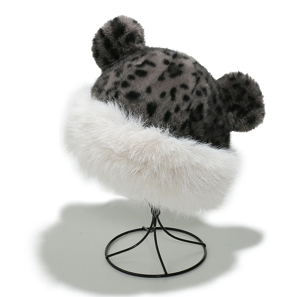 New Arrival Winter Women Plush Mongolian Fur Hat Black Leopard Print Santa Bucket Hat With Ears
