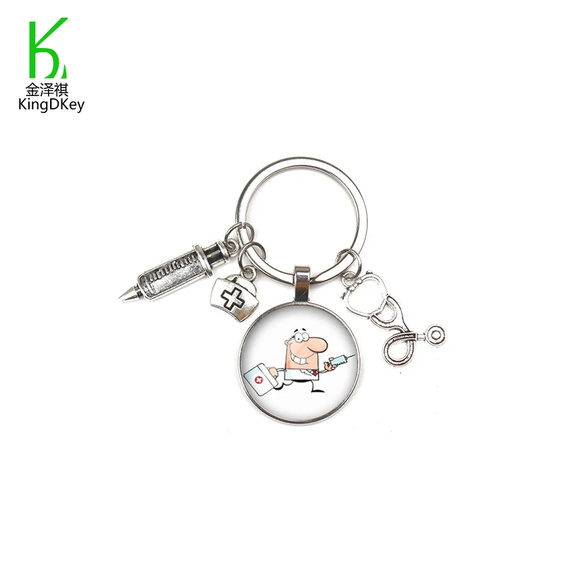 creative nurse medical keyring New fashion syringe stethoscope image keyholder glass cabochon and glass dome keychain