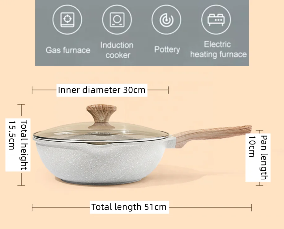 Die-Casting Alu Nonstick Stir Fry Pan Beige Black Marble Pattern 30 cm 12-Inch Wok