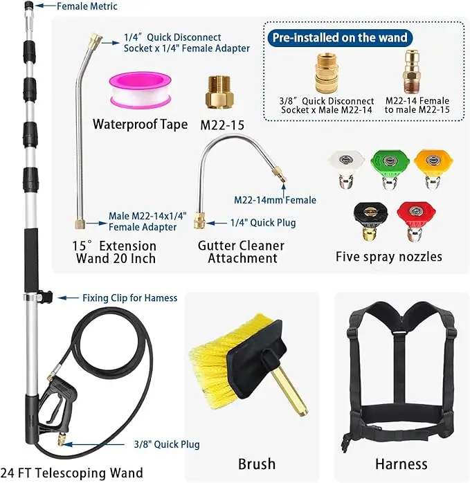 24ft Pressure Washer Extension Wand Cleaner Heavy Duty Telescopic Power Washer Wand Spray Gun Extension Pole Lance