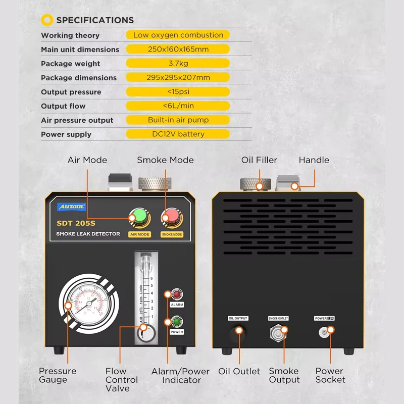 AUTOOL SDT205S Smoke Machine Auto Diagnostic Tool with Air Pressure Leak Detector Car Trucks EVAP Smoke Leakage Analyzer
