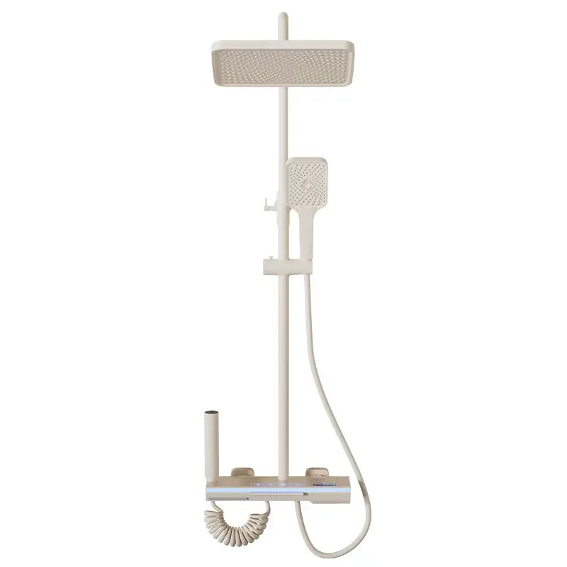 Milk white ambient light shower set, bathroom all copper constant temperature and pressure boosting digital display piano button
