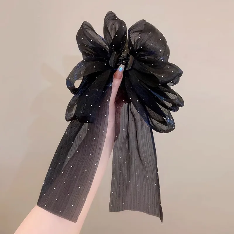Hot Sale High Quality Black White Big Bow Hairpin Spring Clip Lace Ribbon Ladies Clip Fabric Hairgrips