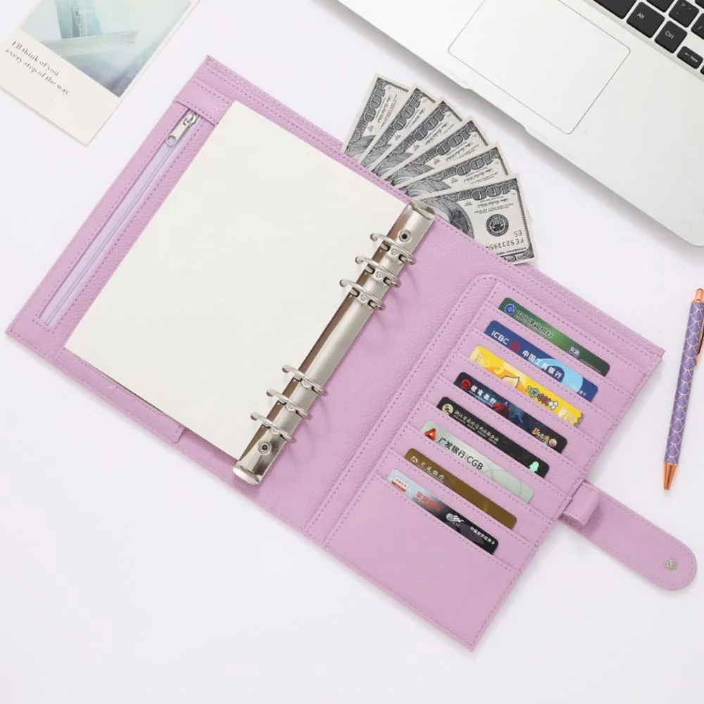 Hongbo Etsy Ins TK Best Selling A5 Pebble Leather 6-Rings Money Budget Binder Organizer With Fly Leaf & Clear Bags Available