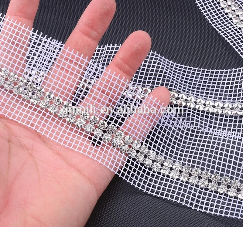 Crystal Diamond Mesh White Fabric Silver Metal Base Rhinestone Sewing Lace Trim for Bags Shoes Clothing Decoration