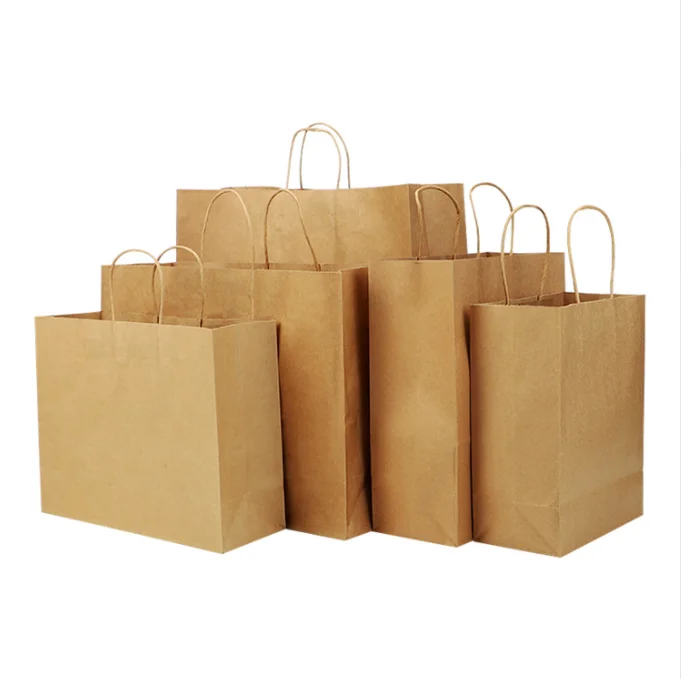 Custom logo white brown black fast food packaging gift takeaway craft shopping paper bag with handles