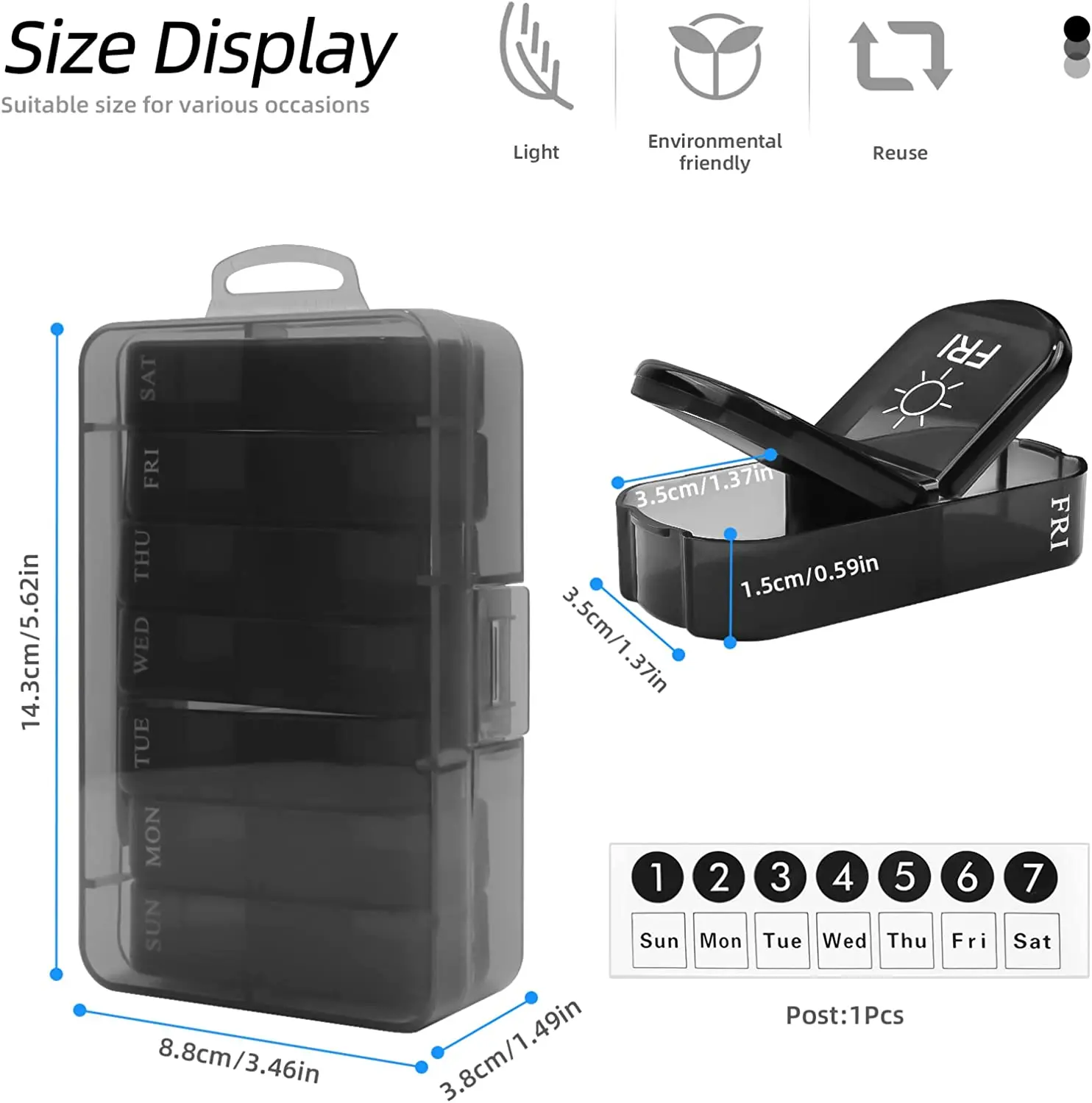 Portable 7 Days 14 Compartments AM PM Daily Pill Box Medicine Tablet Storage Box