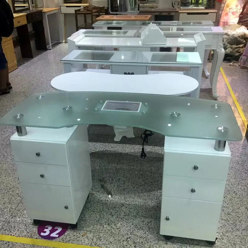 New Beauty Salon Furniture Glass Top Portable Spa White Nail Station Manicure Nail Table With Fan