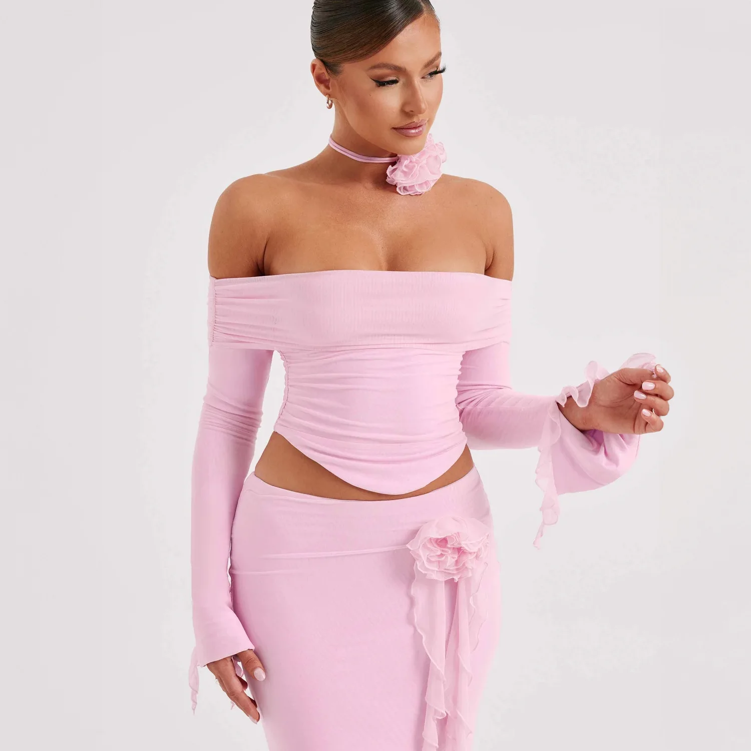 Women Sexy strapless off shoulder top Clothing Stylish Long Sleeve Pleated Dresses