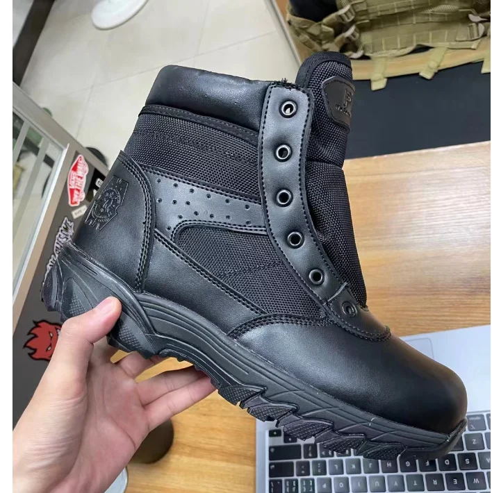 TSB01 PNP Black leather Full grain hiking ankle boots with side zip and breathable holes hot weather Patrol men combat shoes