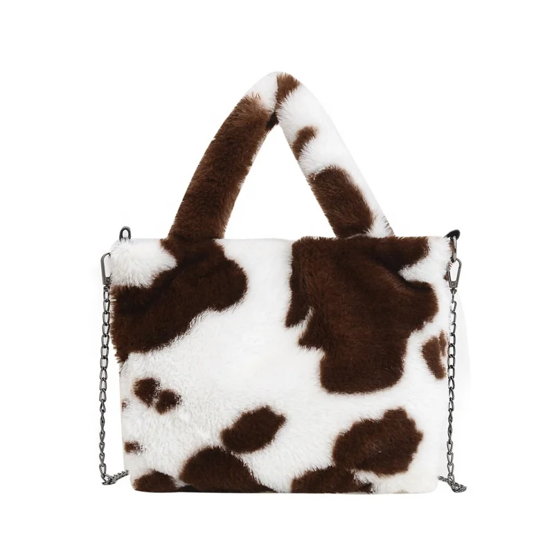 Cow printing small fuzzy tote bags for girls like soft cloud furry purses and handbags with chains fur women hand bags