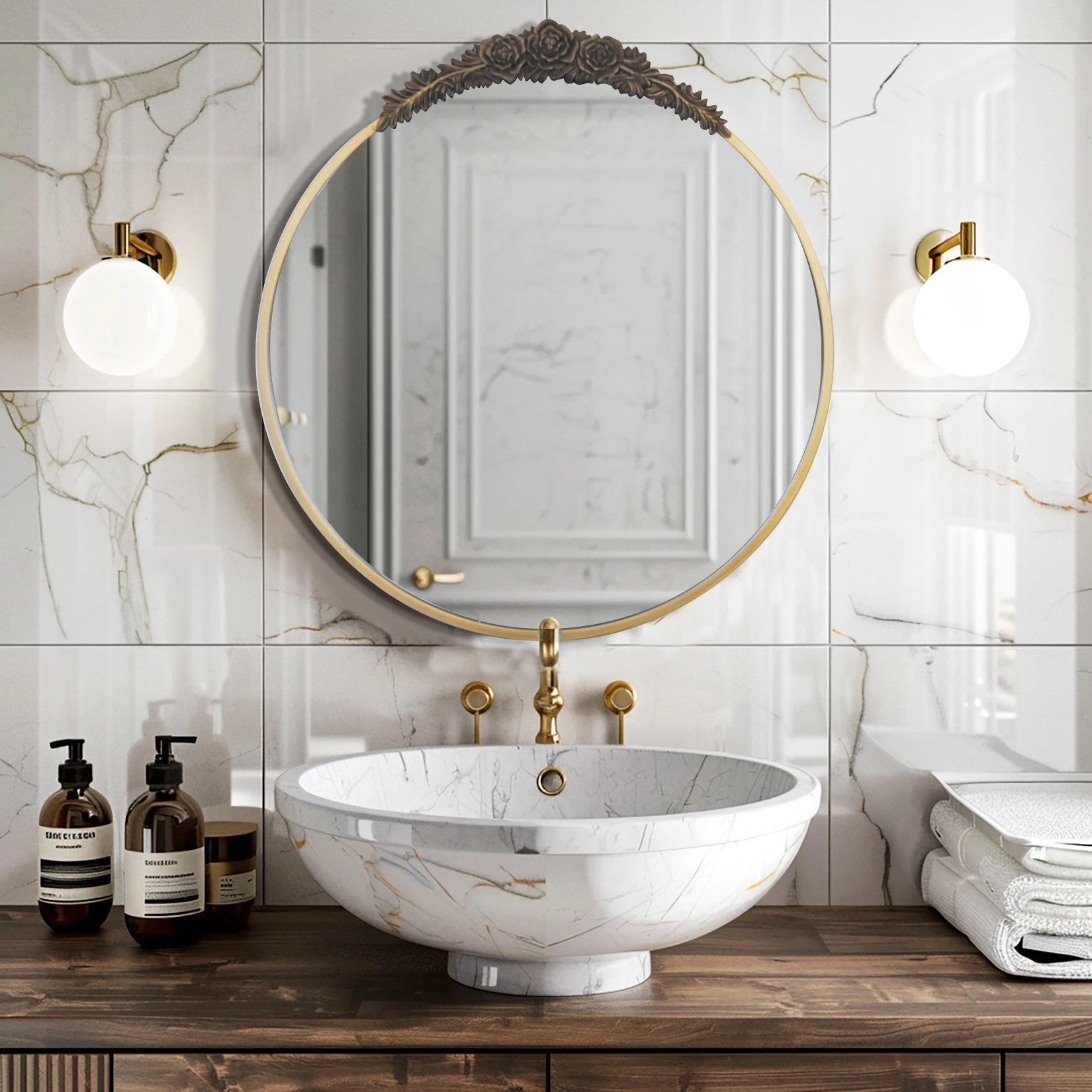 Antique Wall Mirror Round Vintage Baroque Brass Mirror Metal Frame Antique Glam Round Wall Mirror for Entryway,Living Room