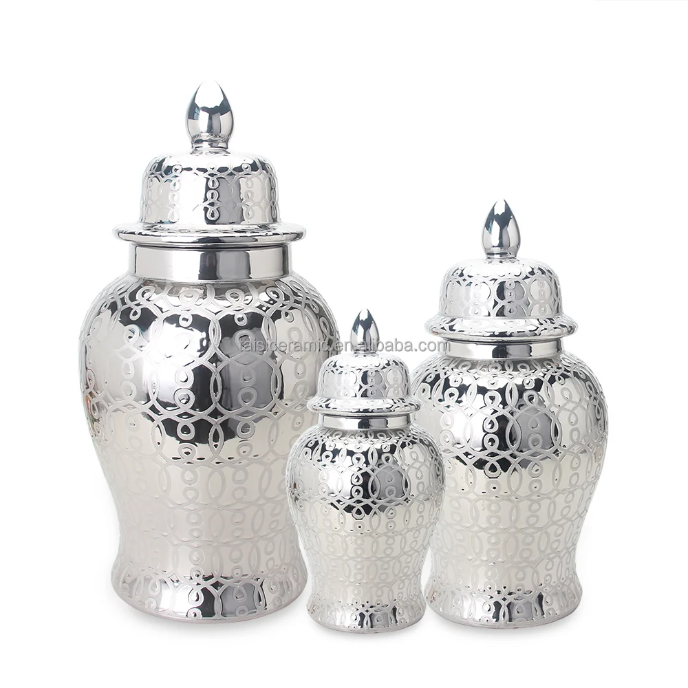 J130 canton fair ceramic manufacture gold ginger jar cans sets wholesale porcelain decorative silver tall vase