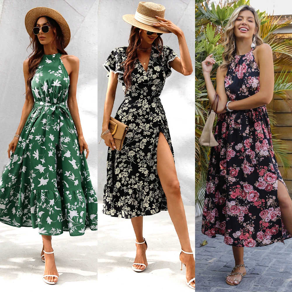 Summer Customization Casual Spaghetti Slip V Neck Backless Women Floral Print Fabric For Dress Chiffon Boho Maxi Dress Ladies