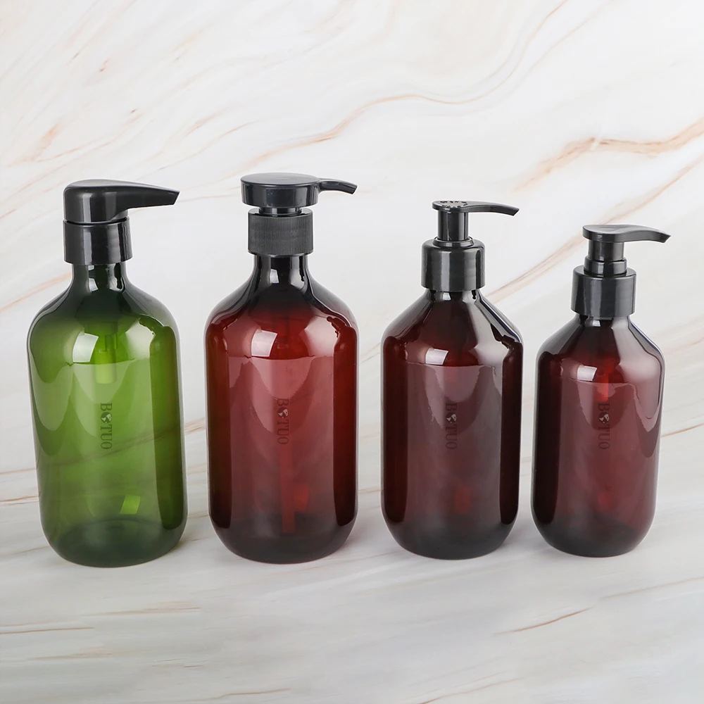 Luxury Green Brown PET Boston 450ml 15oz Round Empty Conditioner Body Lotion Bottle Frosted Amber large Shampoo Bottle With Pump