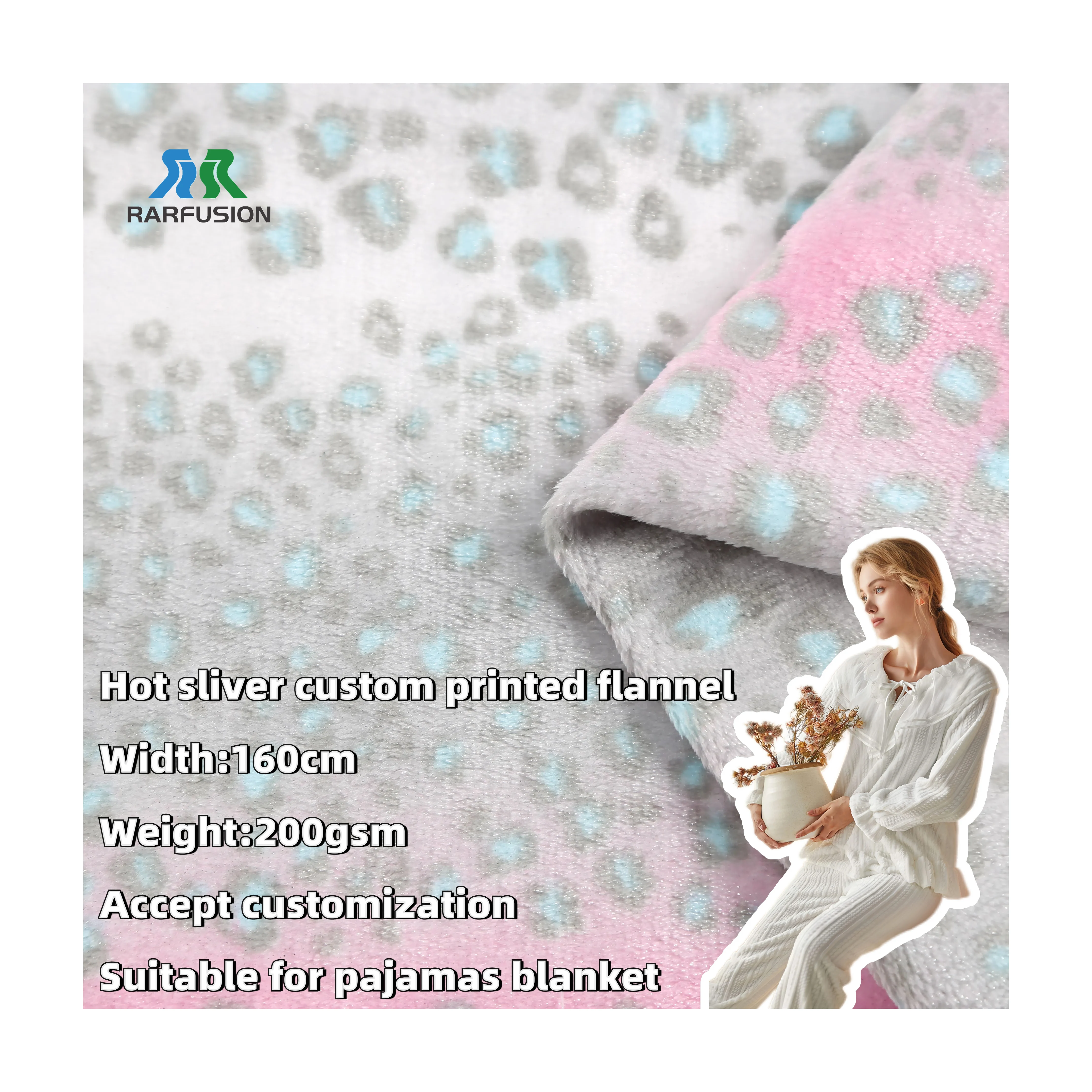 Double Side Soft Plush Flannel Fabric Hot Silver Custom Printed Flannel Fabric for Pajamas Blanket Towel