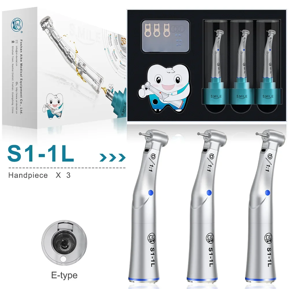 S1-1L-Set 3pcs Contra Angle 1:1 Dental Handpiece Fiber Optic With Middle Gear Locking Low Speed Handpiece Smile Series