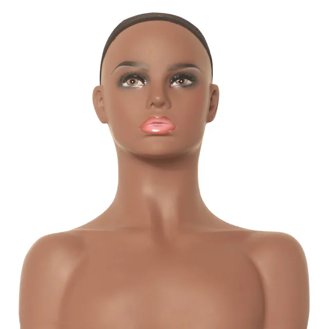 Female Full Bust Mannequin Head With Shoulders For Wigs Jewels Display Chocolate Glamour Complexion With Make up and Earhole