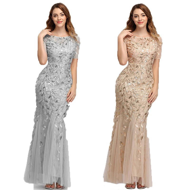 
Elegant Dark Blue Women luxury formal dresses bridesmaid dresses wedding Short Sleeve sexy Party Maxi Sequin prom Dress 