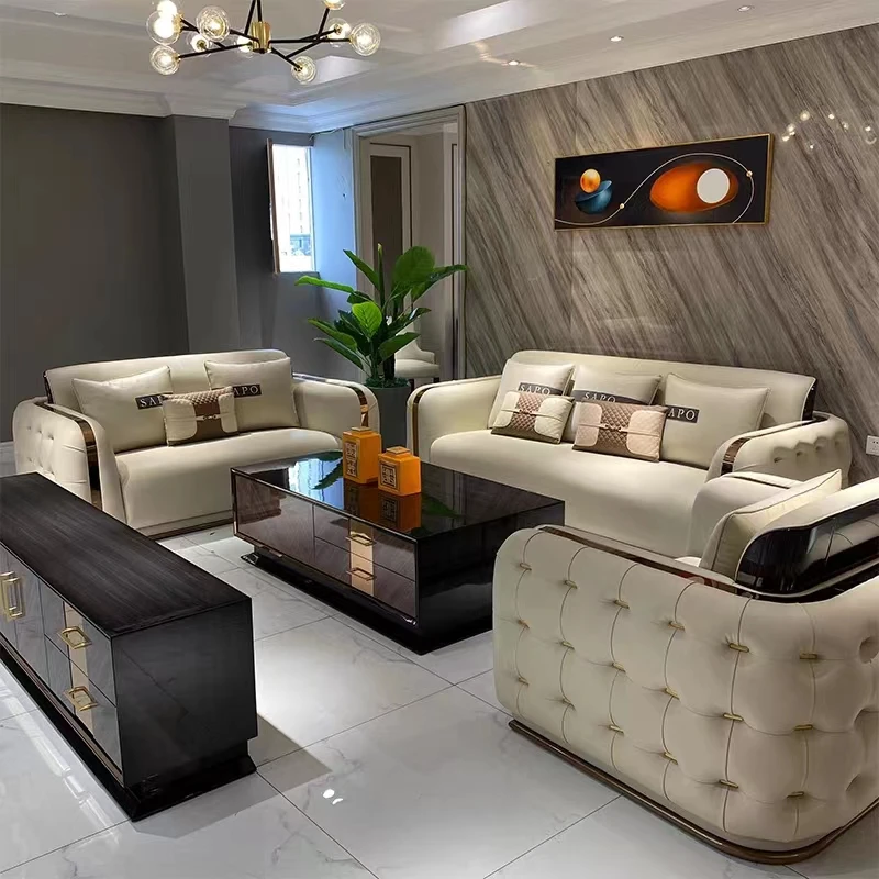 Italian modern luxury art Style leather sofa Set villa Living Room Modern Furniture Leather 1+2+3 sectional grey leather sofa