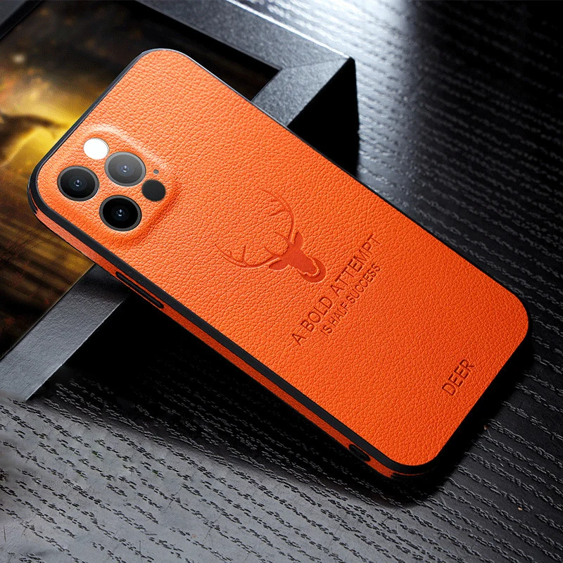 Business Luxury Mobile Phone Case PU Leather Silicon Skin Feeling Phone Cover Deer Phone Cases for iPhone 7 8 X 11 12 13 14