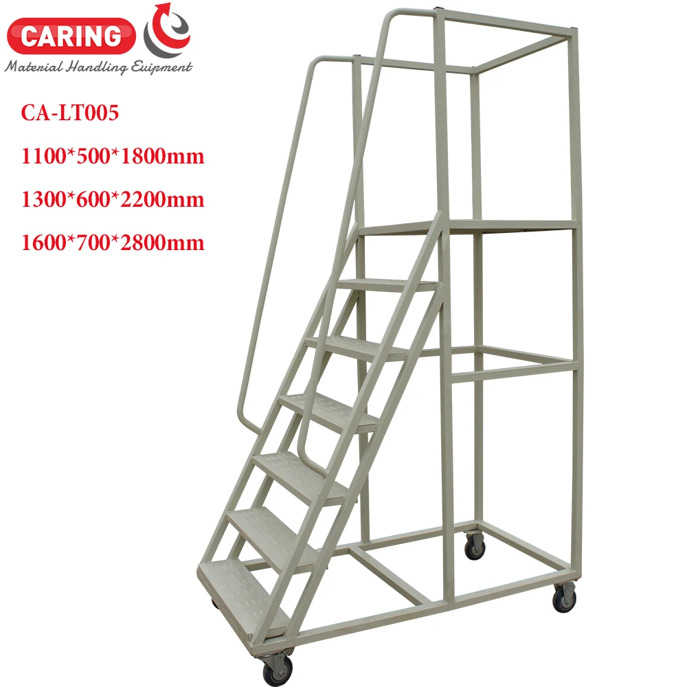 Warehouse Steel Safety Rolling Mobile Platform Ladder with Handrails