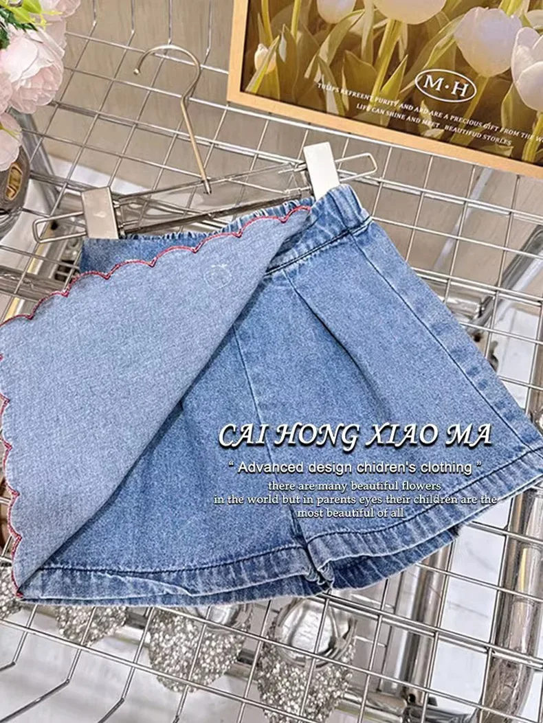 2024 Little Girl Summer Clothing White Red Turn-down Sleeveless Polo Shirt +Denim Skirt Shorts 2 pcs Garment Set