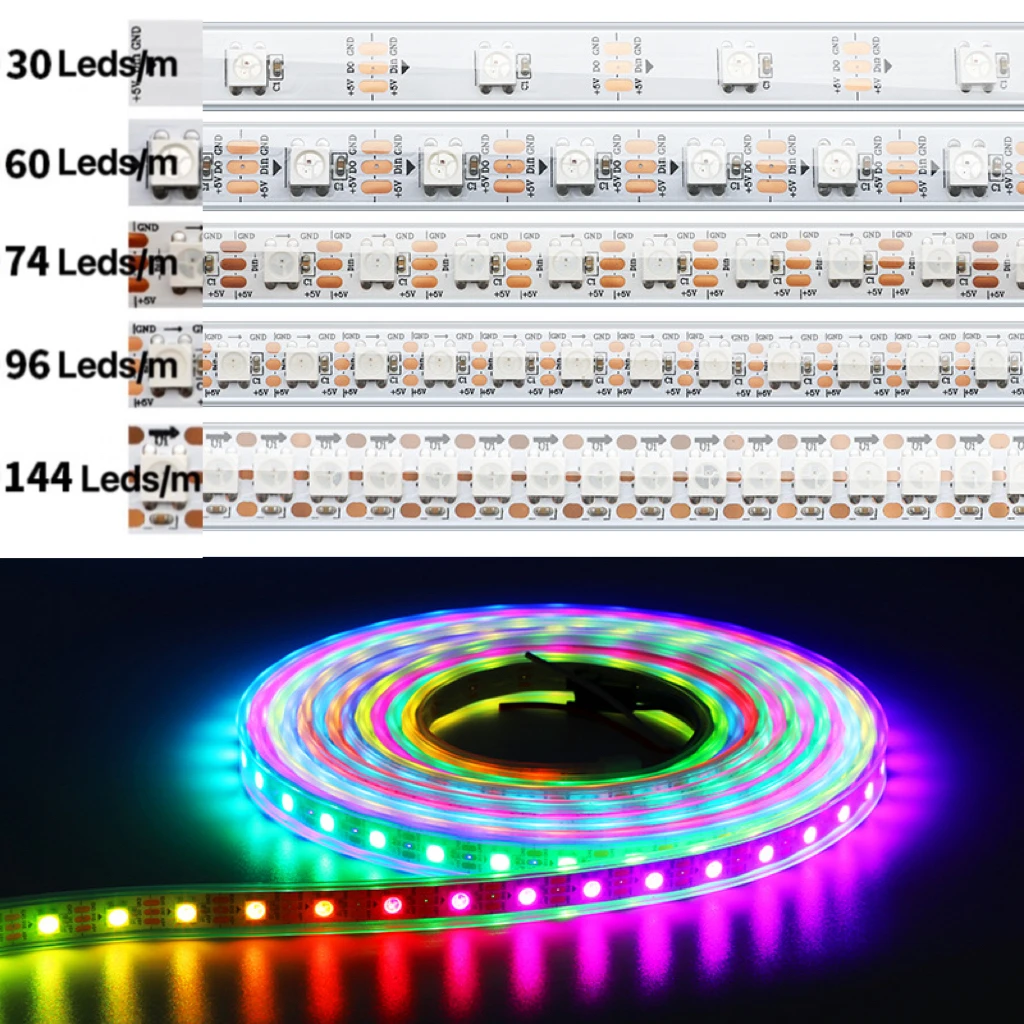 WS2812 WS2812B Led Strip RGB IP20 IP65 IP67 IP68 Individual Addressable DC 5V 12V 5050 30 60 144 Pixel Shanghai Luces Led 90 PCB