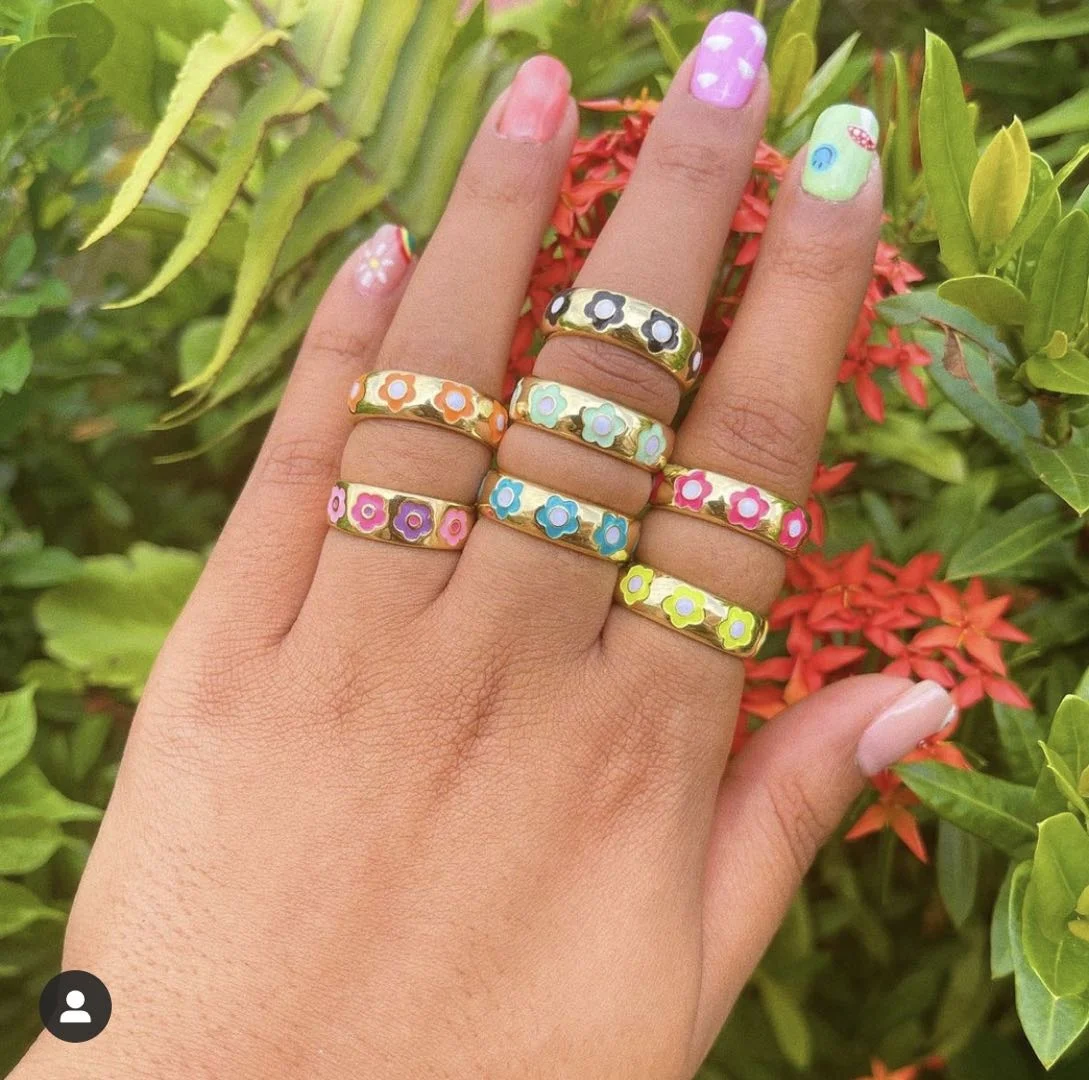 18k Gold Plated Cute Lovely Colorful Enamel Flower Women Finger Resizable Rings