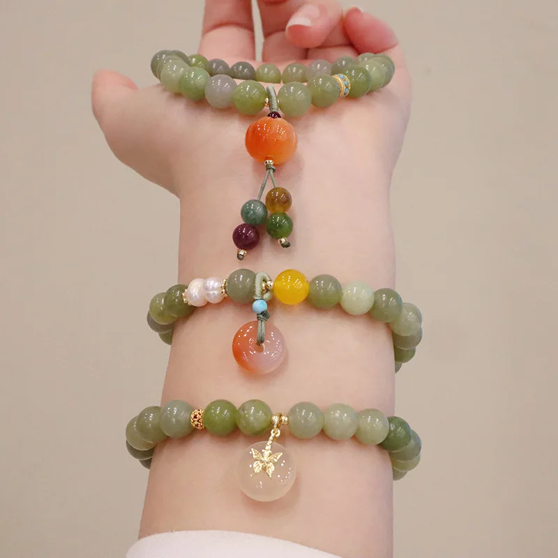 2024 New Chinese Natural Jade Small Crowd Fresh Hand Ornaments Pumpkin Ping Button Lotus Pendant Bracelet Fashion Jewelry